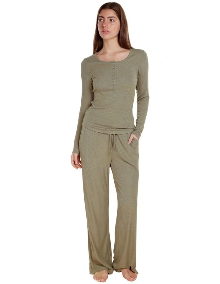 Lille Ribbed Long Sleeve Henley Top in Olive image 1