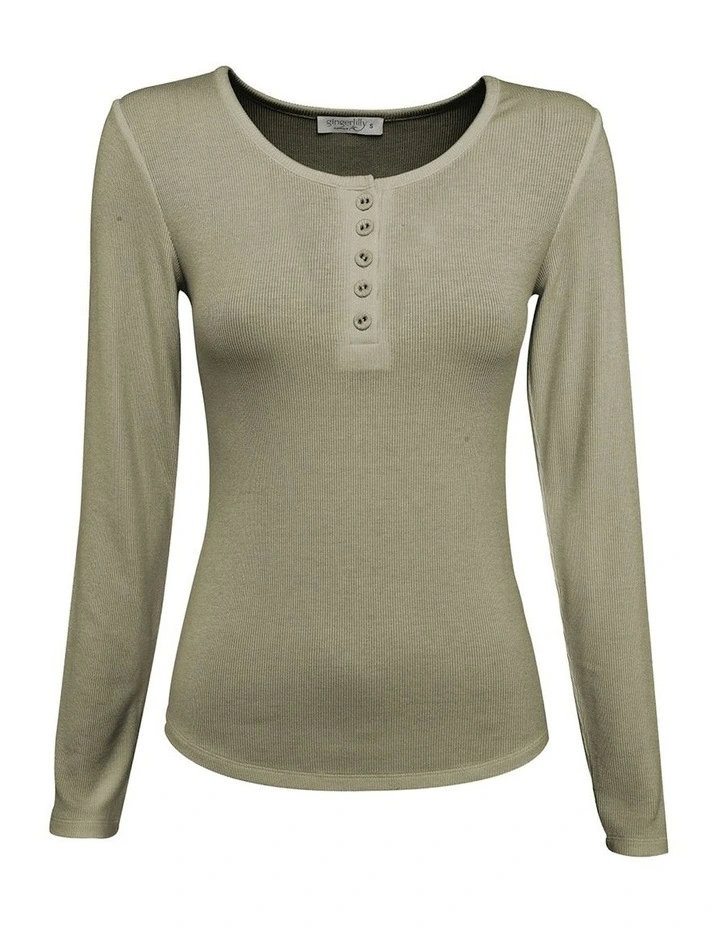 Lille Ribbed Long Sleeve Henley Top in Olive image 5