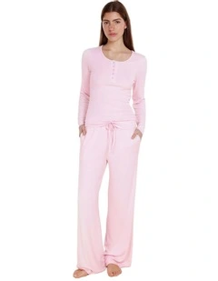 Lille Ribbed Long Sleeve Henley Top in Pink