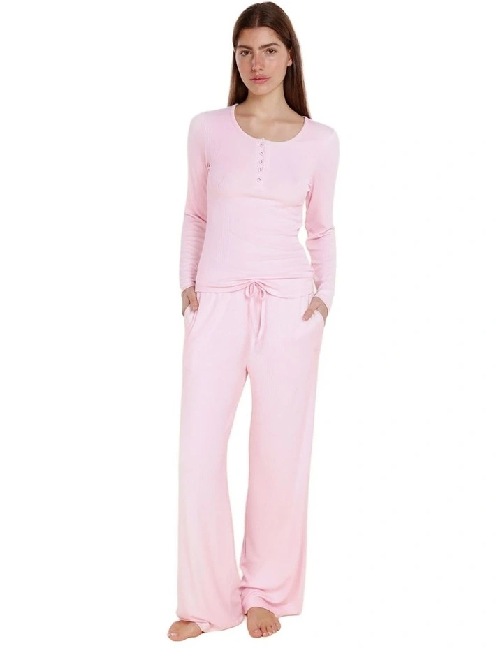 Lille Ribbed Long Sleeve Henley Top in Pink image 1