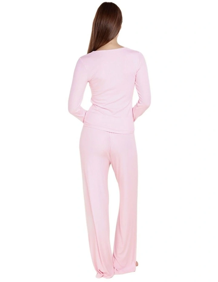 Lille Ribbed Long Sleeve Henley Top in Pink image 2
