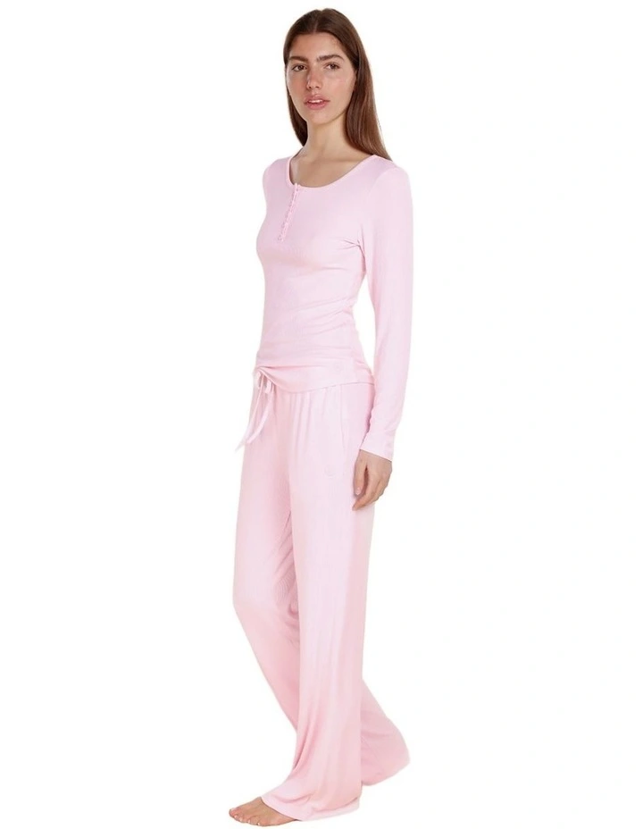 Lille Ribbed Long Sleeve Henley Top in Pink image 3