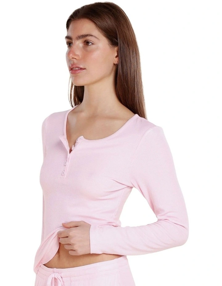 Lille Ribbed Long Sleeve Henley Top in Pink image 4