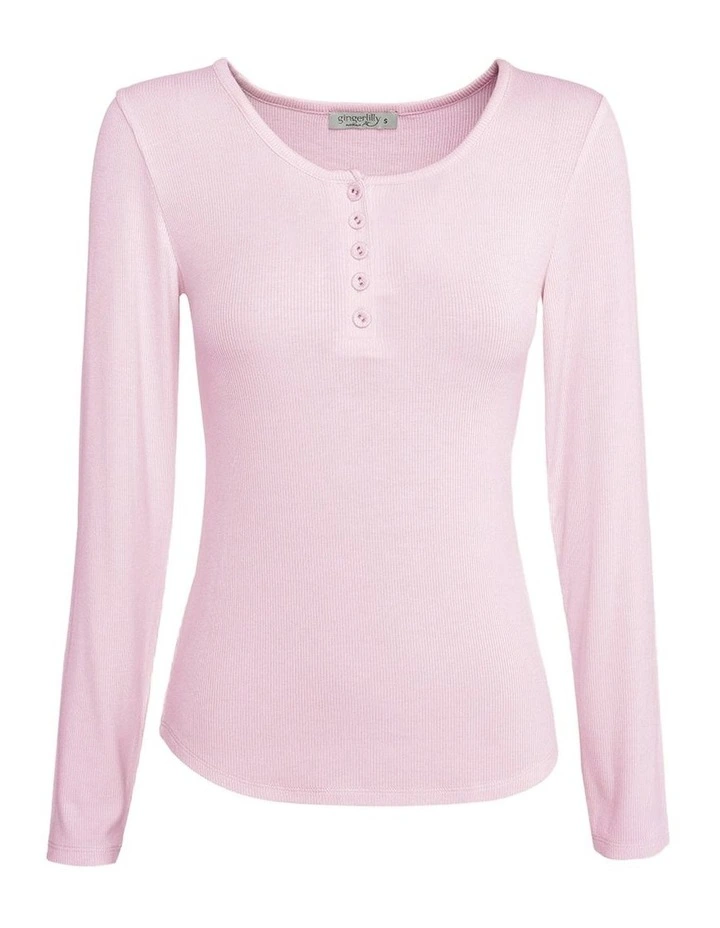 Lille Ribbed Long Sleeve Henley Top in Pink image 5