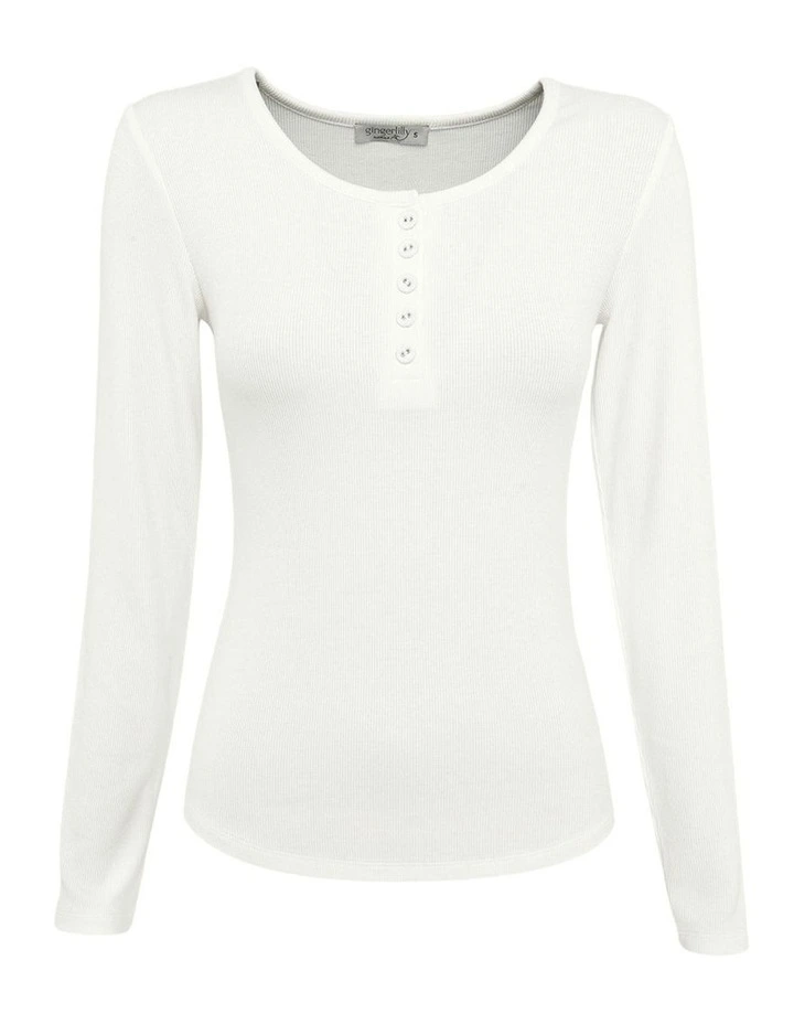 Lille Ribbed Long Sleeve Henley Top in White image 5