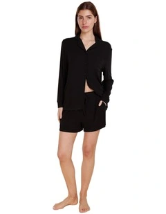 London Ribbed Long Sleeve Button Up Top in Black