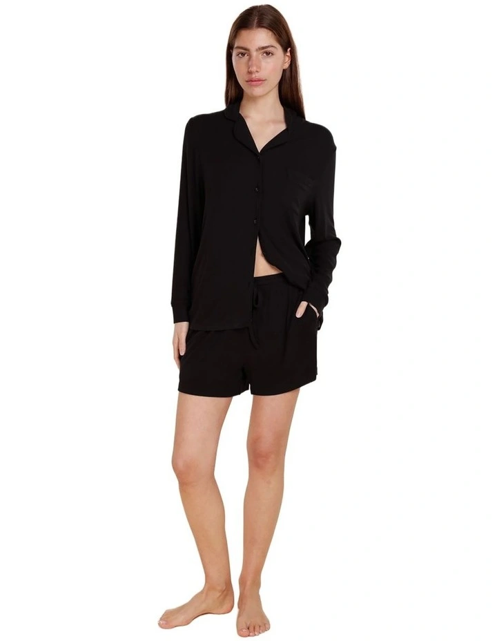 London Ribbed Long Sleeve Button Up Top in Black image 1