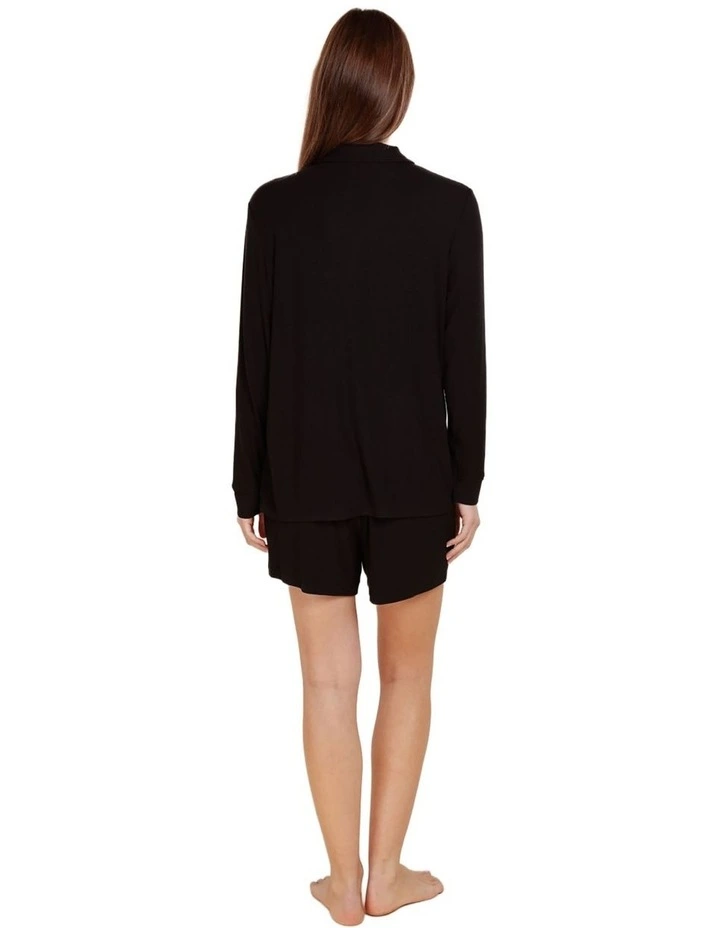 London Ribbed Long Sleeve Button Up Top in Black image 2