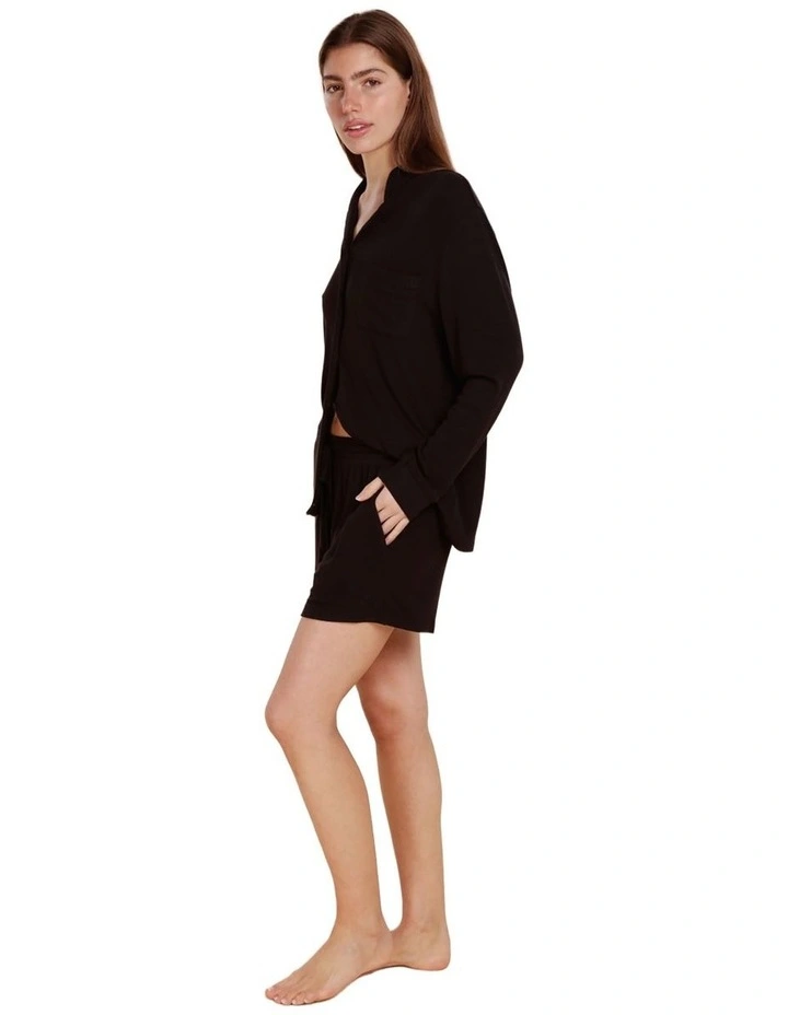 London Ribbed Long Sleeve Button Up Top in Black image 3
