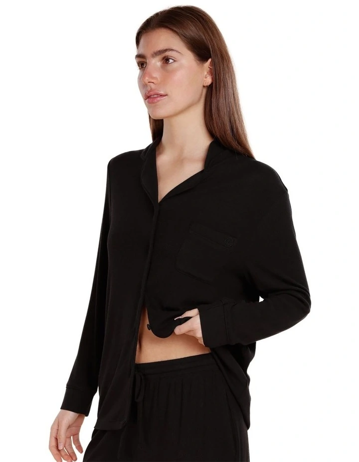 London Ribbed Long Sleeve Button Up Top in Black image 4