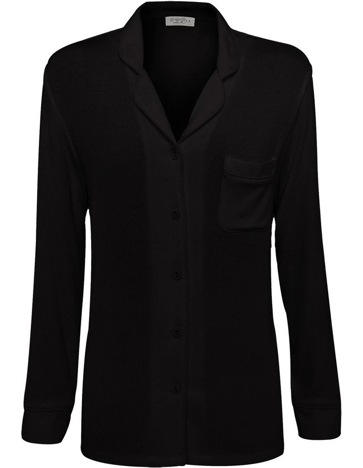 London Ribbed Long Sleeve Button Up Top in Black image 5