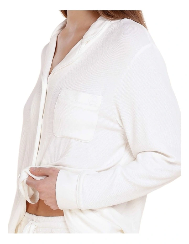 London Ribbed Long Sleeve Button Up Top in Ecru image 4