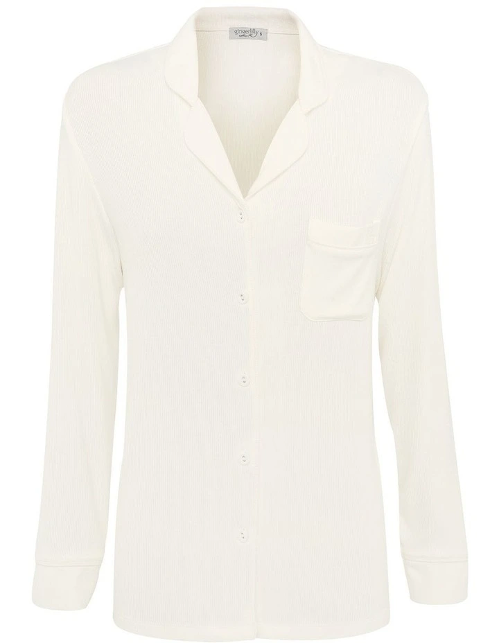 London Ribbed Long Sleeve Button Up Top in Ecru image 5