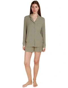 London Ribbed Long Sleeve Button Up Top in Olive