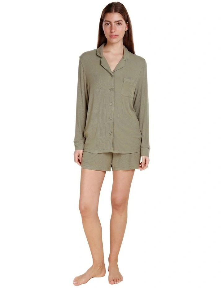 London Ribbed Long Sleeve Button Up Top in Olive image 1