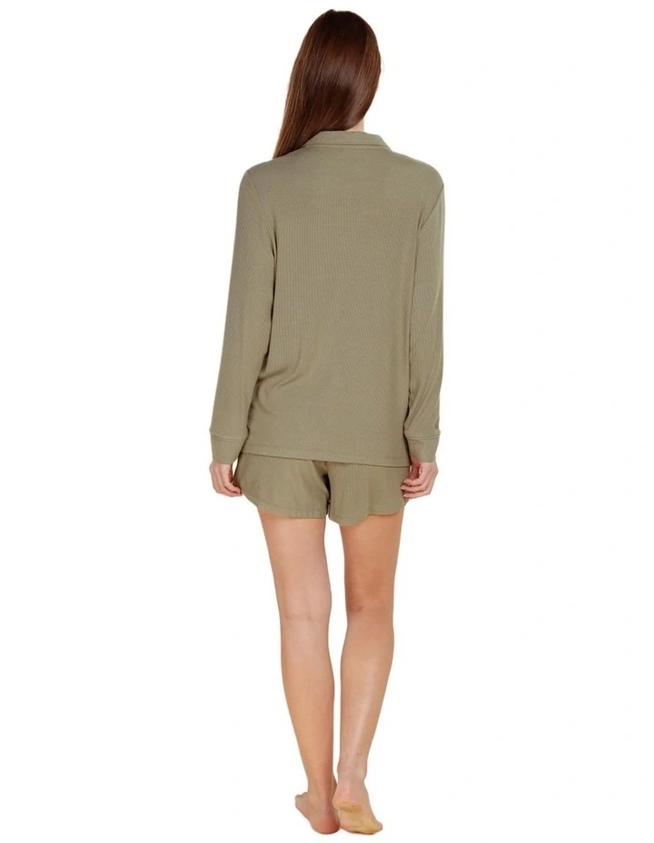 London Ribbed Long Sleeve Button Up Top in Olive image 2