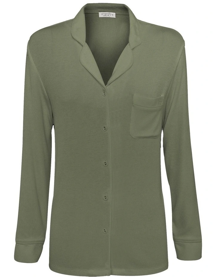 London Ribbed Long Sleeve Button Up Top in Olive image 4