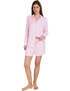 London Ribbed Long Sleeve Button Up Top in Pink