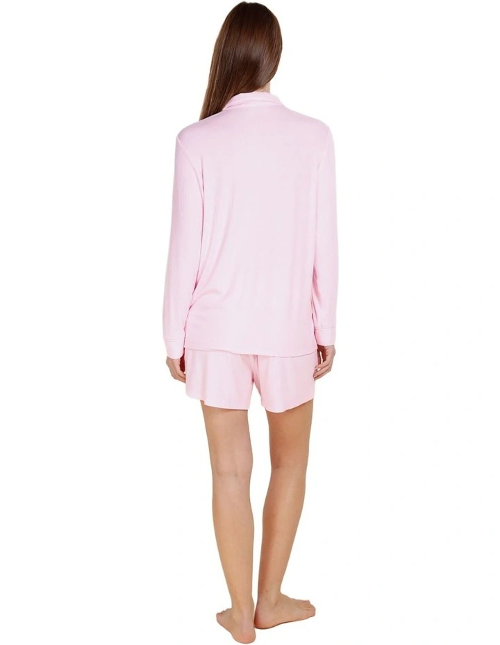 London Ribbed Long Sleeve Button Up Top in Pink image 2
