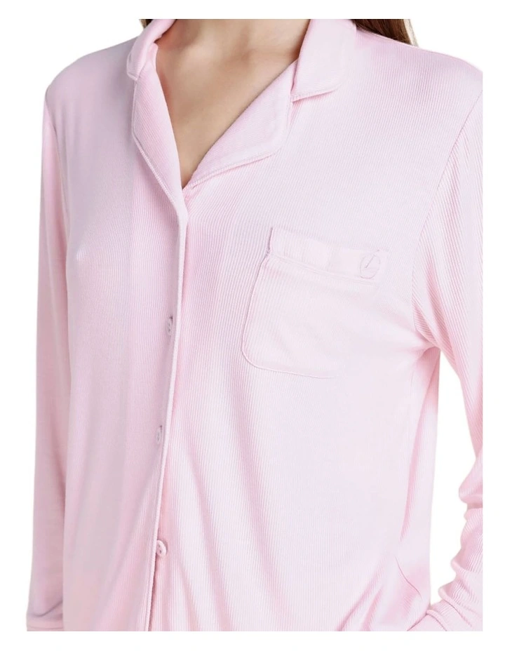 London Ribbed Long Sleeve Button Up Top in Pink image 4