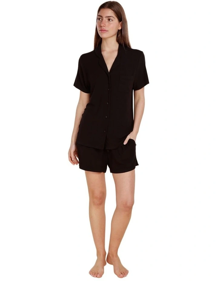 Lyon Ribbed Short Sleeve Button Up Top in Black image 1