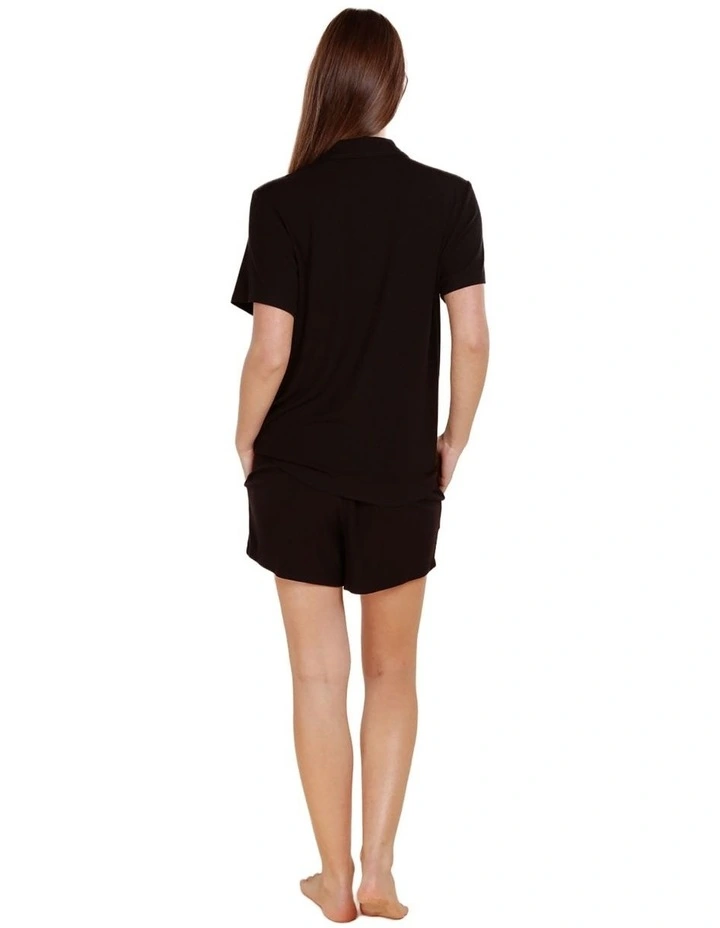 Lyon Ribbed Short Sleeve Button Up Top in Black image 2