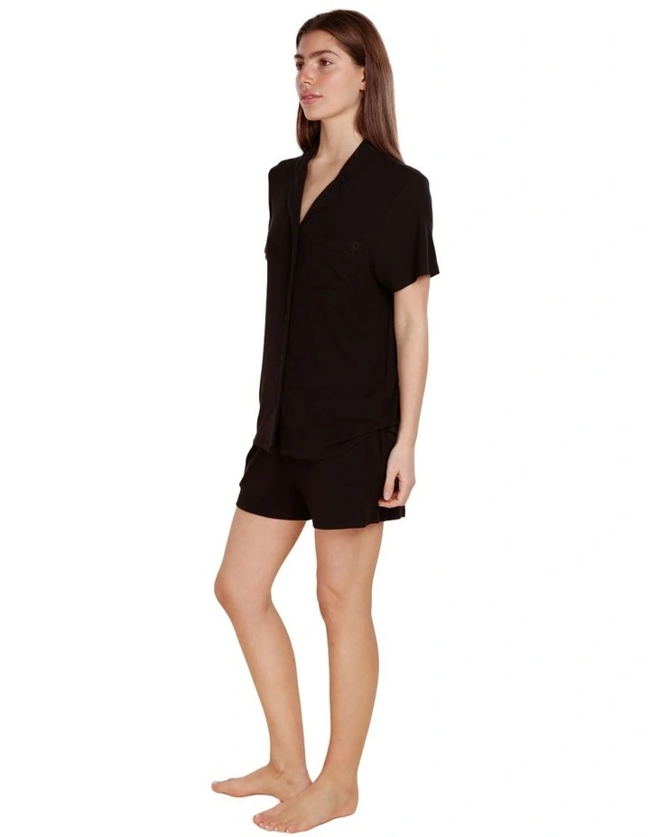 Lyon Ribbed Short Sleeve Button Up Top in Black image 3