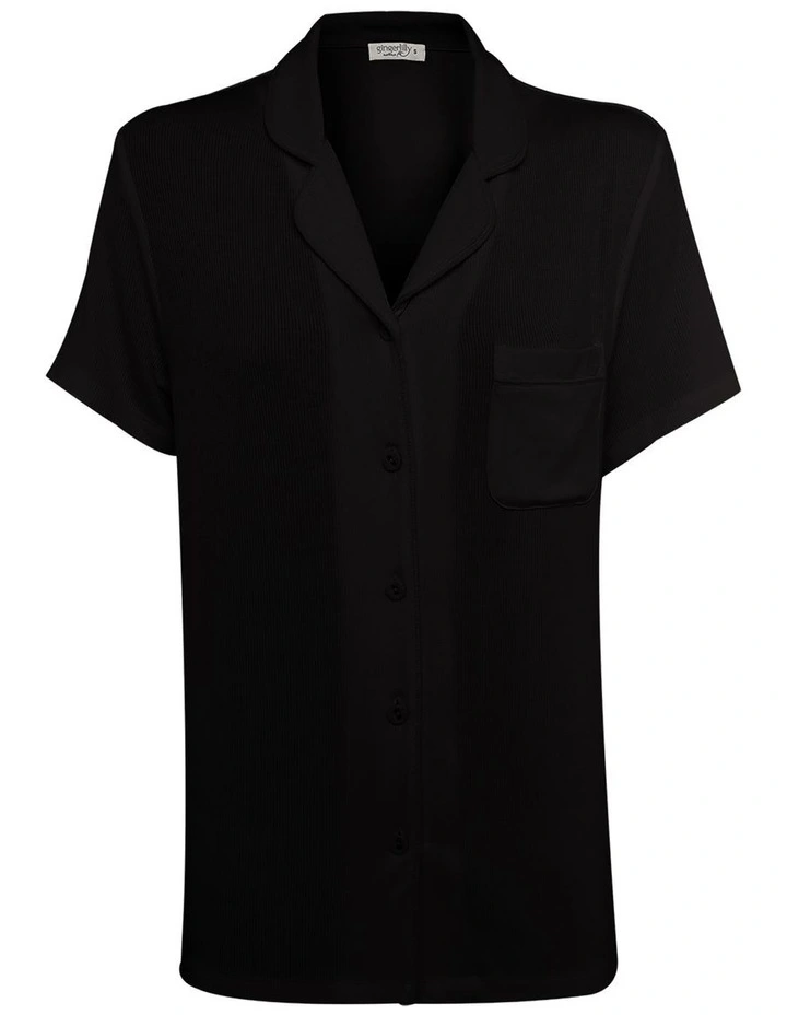 Lyon Ribbed Short Sleeve Button Up Top in Black image 4