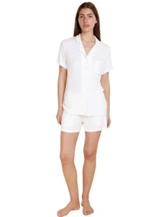 Lyon Ribbed Short Sleeve Button Up Top in Ecru