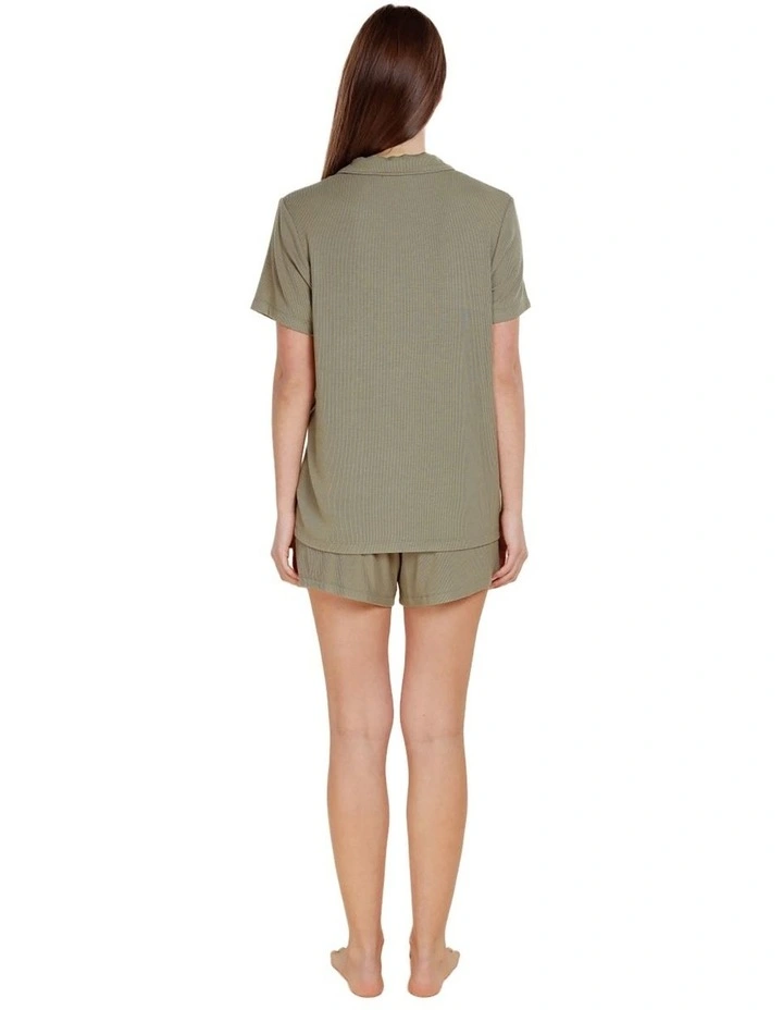 Lyon Ribbed Short Sleeve Button Up Top in Olive image 2