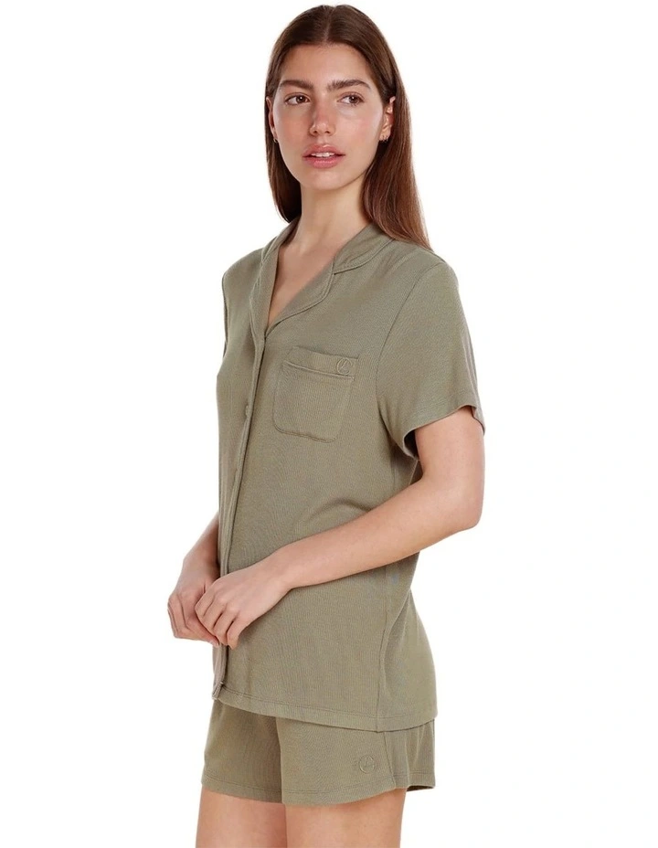 Lyon Ribbed Short Sleeve Button Up Top in Olive image 4