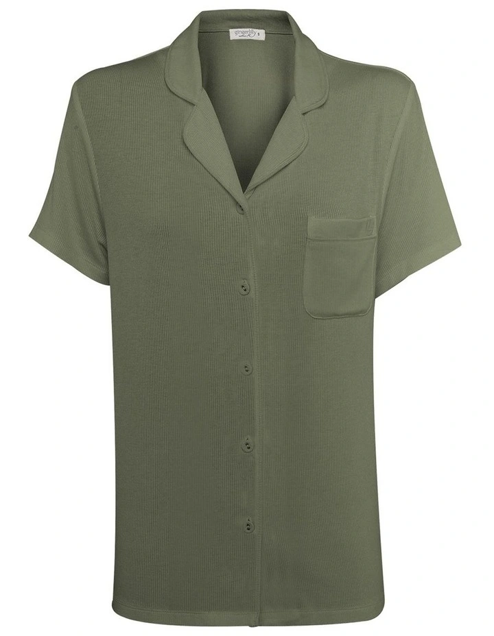 Lyon Ribbed Short Sleeve Button Up Top in Olive image 5