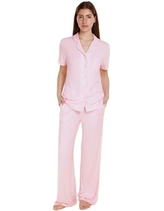 Lyon Ribbed Short Sleeve Button Up Top in Pink