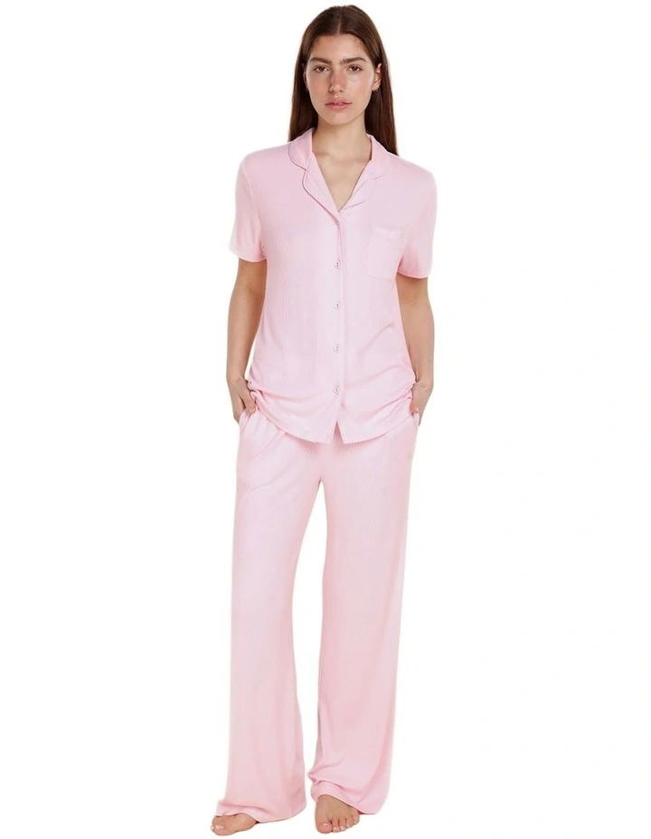 Lyon Ribbed Short Sleeve Button Up Top in Pink image 1