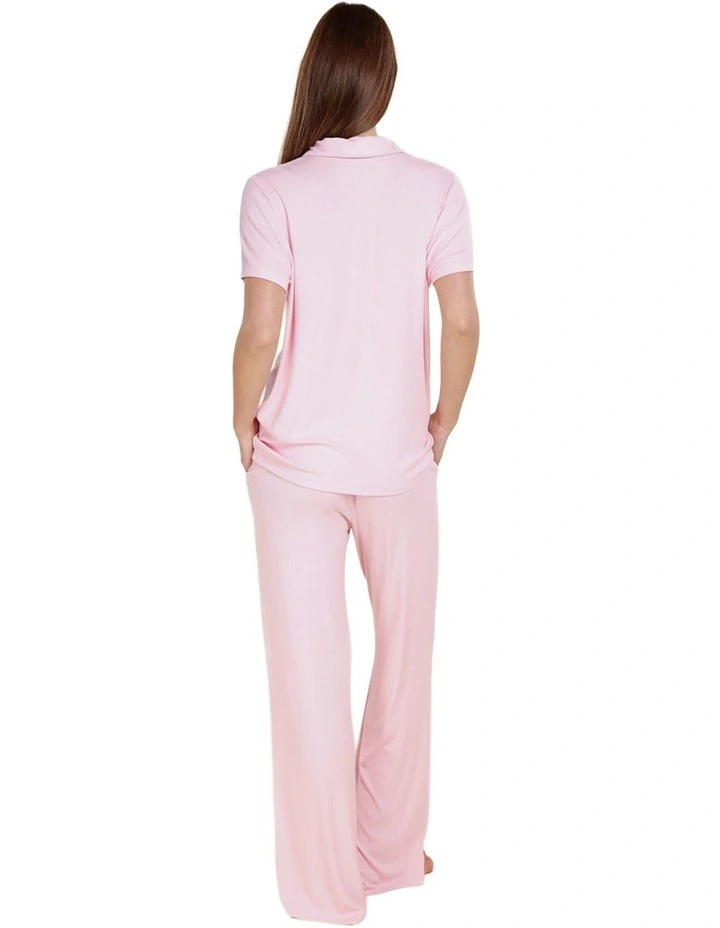 Lyon Ribbed Short Sleeve Button Up Top in Pink image 2