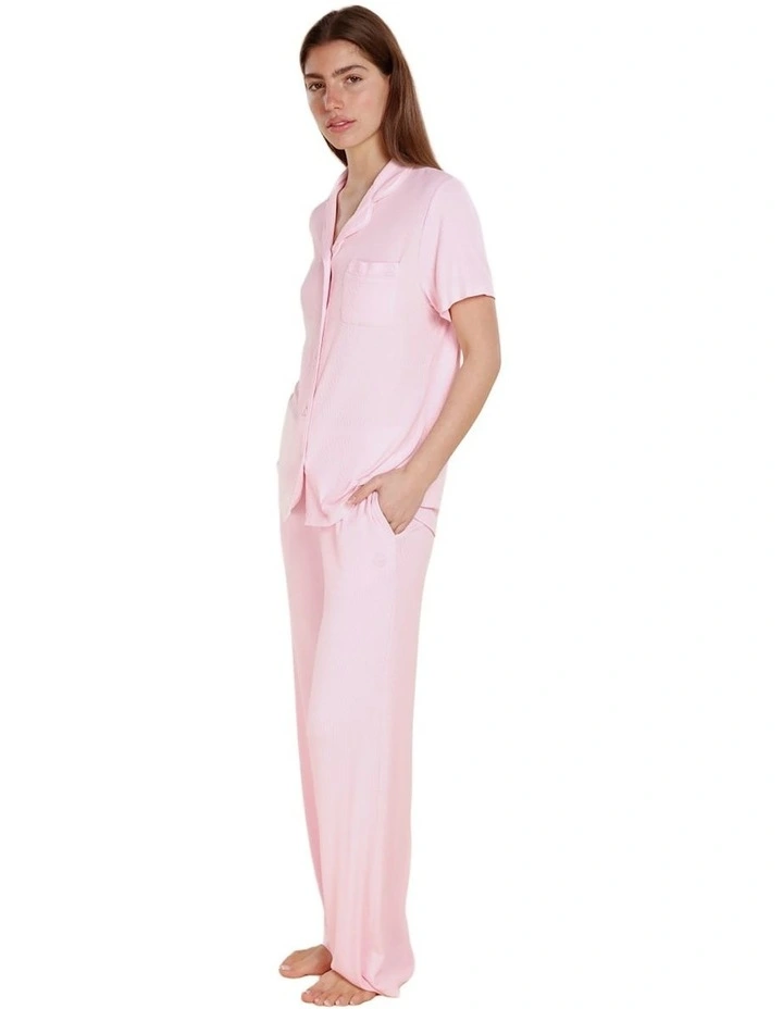 Lyon Ribbed Short Sleeve Button Up Top in Pink image 3