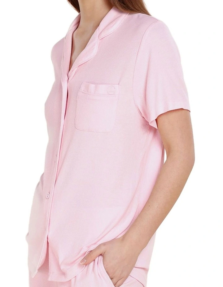 Lyon Ribbed Short Sleeve Button Up Top in Pink image 4