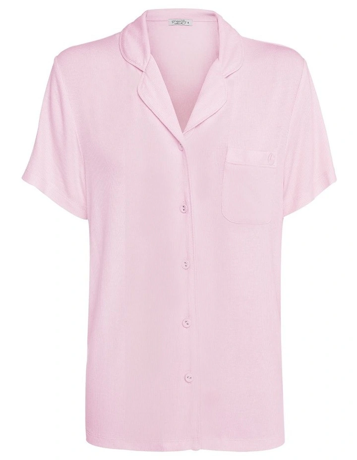 Lyon Ribbed Short Sleeve Button Up Top in Pink image 5