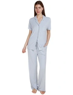 Lyon Ribbed Short Sleeve Button Up Top in Sky Blue
