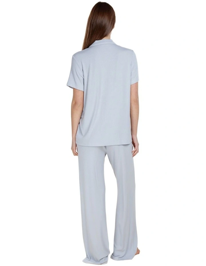 Lyon Ribbed Short Sleeve Button Up Top in Sky Blue image 2