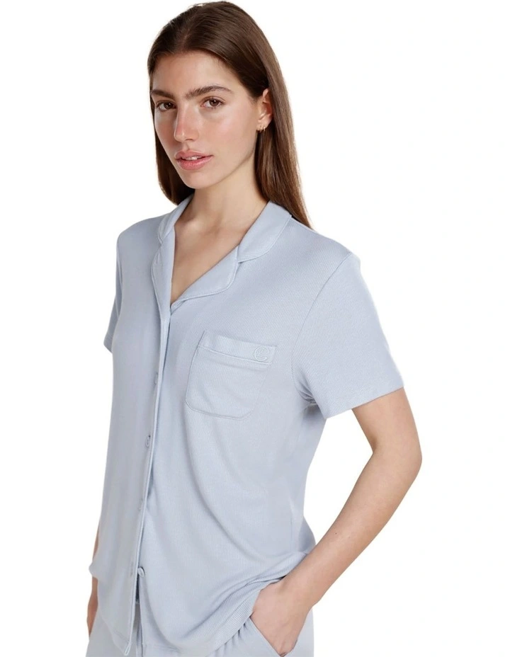 Lyon Ribbed Short Sleeve Button Up Top in Sky Blue image 4