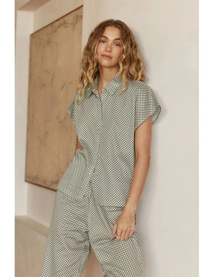 Marlie Diamond Print Cotton Long Pyjama Set in Olive image 7