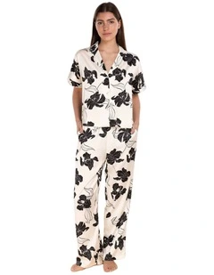Wren Recycled Silky Satin Floral PJ Set in Black/White