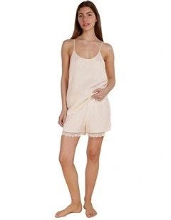 Yasmin Cami and Lace Shorts Linen Set in Beige