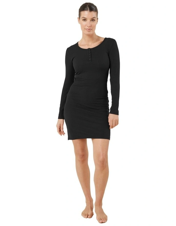 Bonnie Ribbed Long Sleeve Midi Henley Nightdress in Black image 1