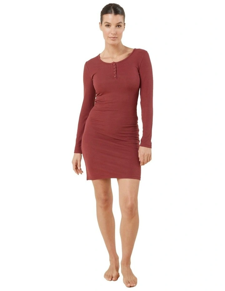Bonnie Ribbed Long Sleeve Midi Henley Nightdress in Burgundy image 1