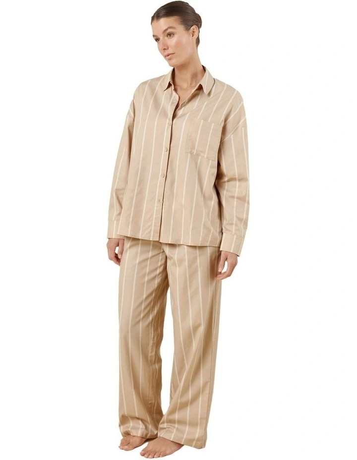 Chloe Cotton Striped Pyjama Set in Beige image 3