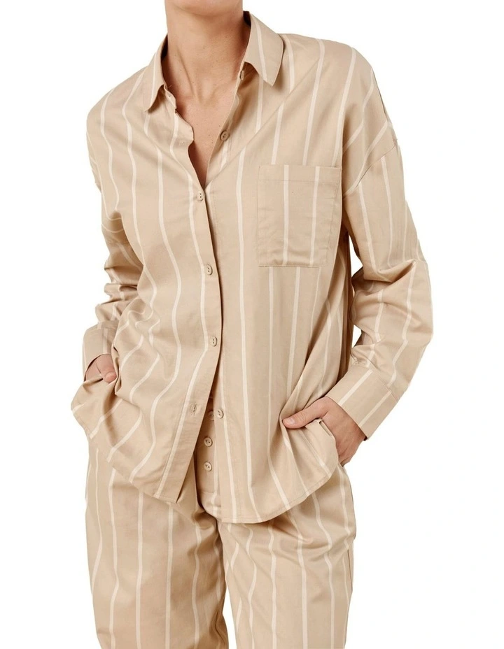 Chloe Cotton Striped Pyjama Set in Beige image 4