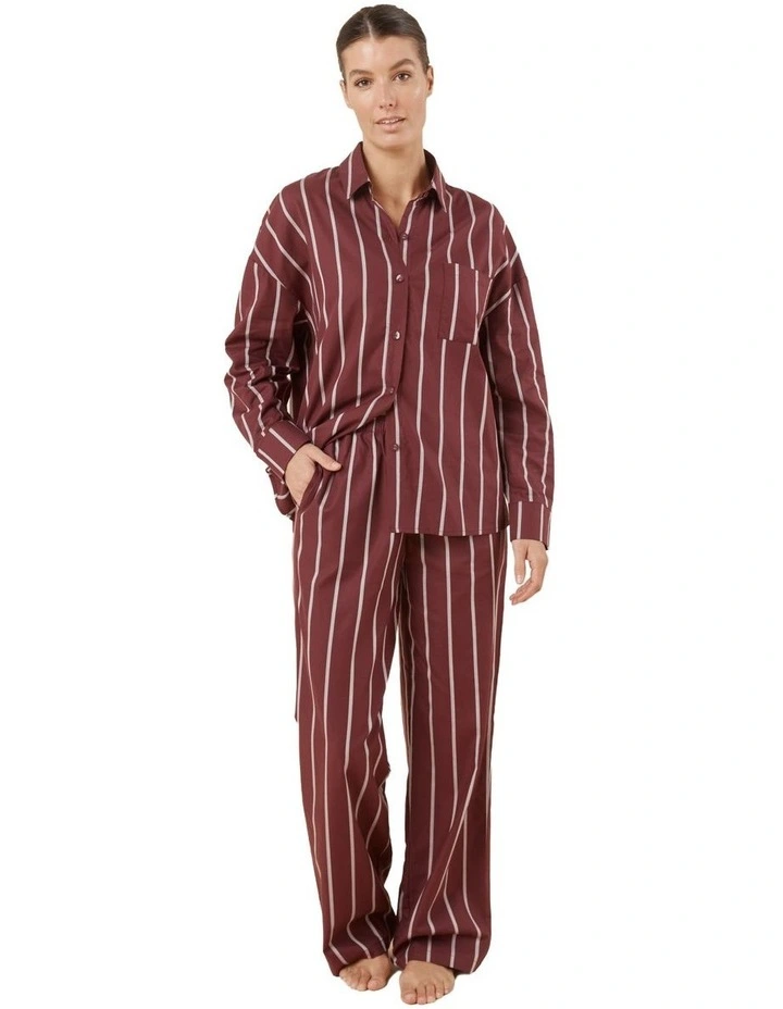 Chloe Cotton Striped Pyjama Set in Burgundy image 1