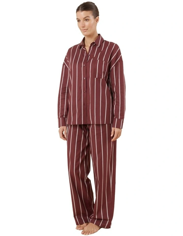 Chloe Cotton Striped Pyjama Set in Burgundy image 3